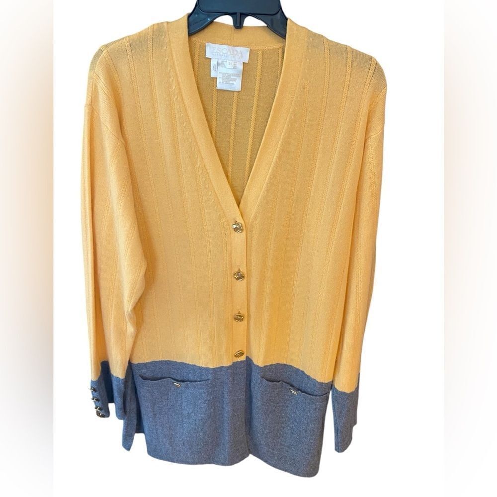 ESCADA 36 Vintage Yellow Gold Gray Cashmere Wool Knit Glamour Sweater Cardigan